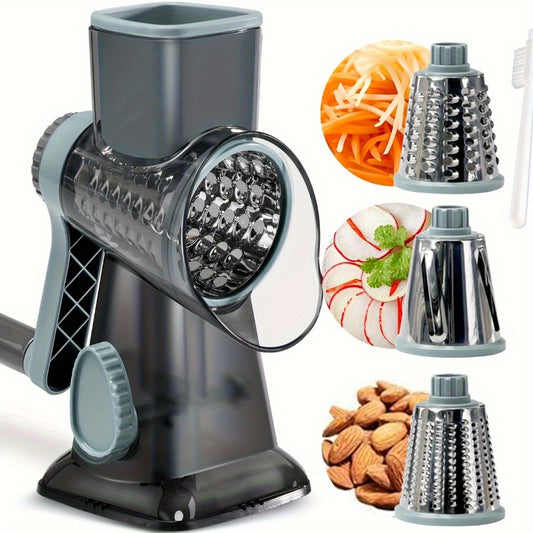 1 set, rotary cheese grater with handle, vegetable grater, cheese shredder, kitchen vegetable slicer grater, cutter with 3 replaceable blades, for cheese, potatoes, zucchini nuts, chocolate, kitchen supplies