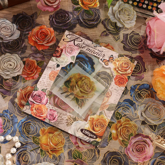 100 Sheets Vintage Rose Bronzing Flowers PET Scrapbooking Sticker Pack Waterproof 100 Different Patterns Decorative Stickers