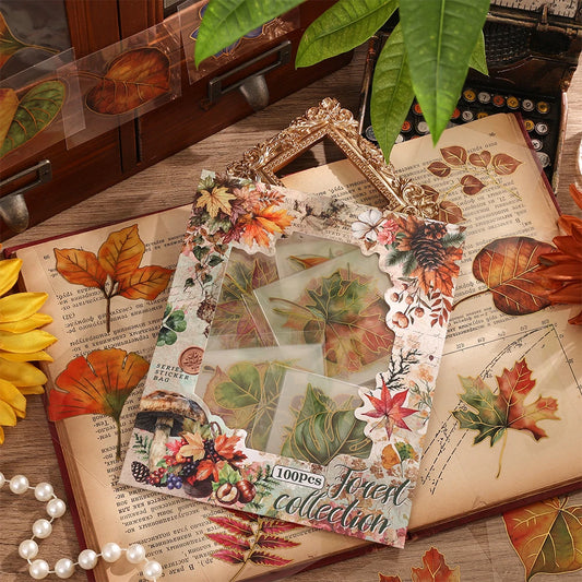 100 Sheets Vintage Leaf Plant PET Scrapbooking Sticker Pack Waterproof 100 Different Patterns Decorative Material Stickers